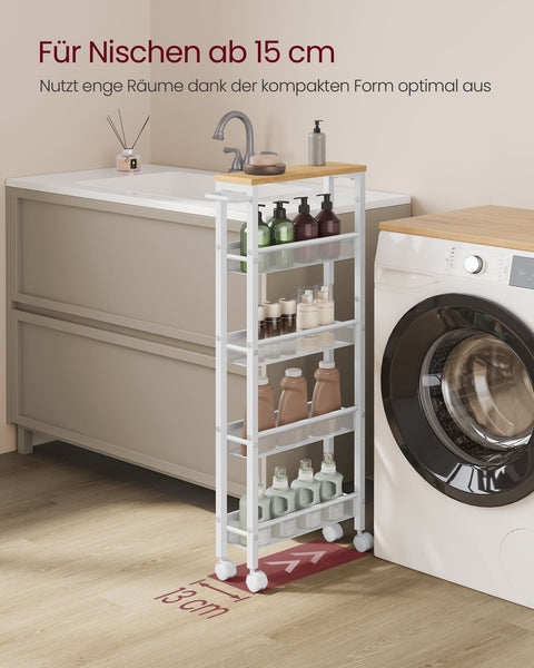 Rootz Oak White Trolley - Rolling Cart - Portable Storage - Chipboard & Steel - 13cm x 45.4cm x 99.6cm - Lightweight - Max Load 12.5kg