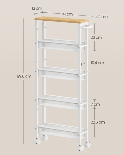 Rootz Oak White Trolley - Rolling Cart - Portable Storage - Chipboard & Steel - 13cm x 45.4cm x 99.6cm - Lightweight - Max Load 12.5kg
