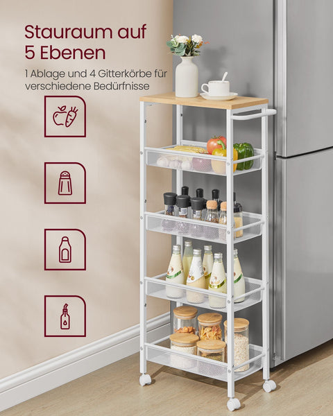 Rootz 5 Level Trolley - Rolling Cart - Utility Cart - Chipboard and Steel - 22cm x 45.4cm x 99.6cm - Oak White - 4.5kg - 25kg Capacity