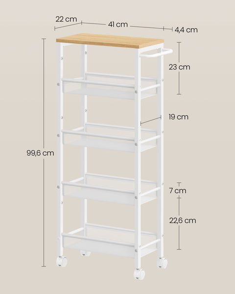 Rootz 5 Level Trolley - Rolling Cart - Utility Cart - Chipboard and Steel - 22cm x 45.4cm x 99.6cm - Oak White - 4.5kg - 25kg Capacity
