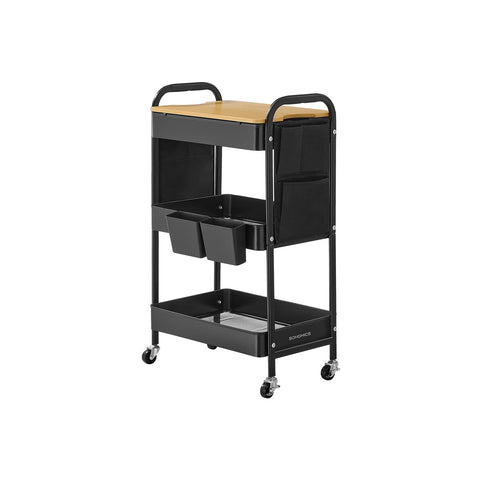 Rootz Steel Rolling Trolley - Ink Black Storage Cart - Metal Organizer - Heavy-Duty - 30.6cm x 44.3cm x 74.2cm