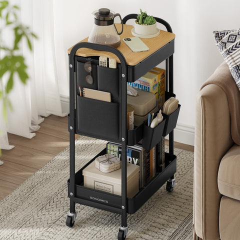 Rootz Steel Rolling Trolley - Ink Black Storage Cart - Metal Organizer - Heavy-Duty - 30.6cm x 44.3cm x 74.2cm