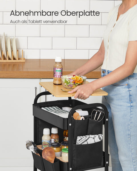 Rootz Steel Rolling Trolley - Ink Black Storage Cart - Metal Organizer - Heavy-Duty - 30.6cm x 44.3cm x 74.2cm