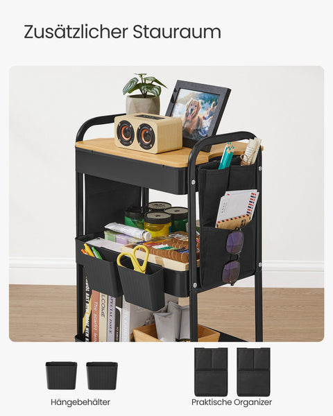 Rootz Steel Rolling Trolley - Ink Black Storage Cart - Metal Organizer - Heavy-Duty - 30.6cm x 44.3cm x 74.2cm