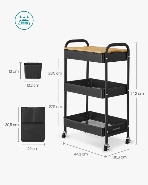 Rootz Steel Rolling Trolley - Ink Black Storage Cart - Metal Organizer - Heavy-Duty - 30.6cm x 44.3cm x 74.2cm
