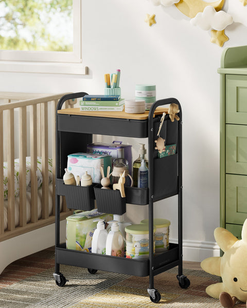 Rootz Steel Rolling Trolley - Ink Black Storage Cart - Metal Organizer - Heavy-Duty - 30.6cm x 44.3cm x 74.2cm