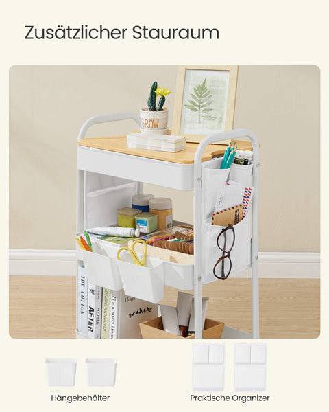 Rootz Cloud White Steel Trolley - Rolling Cart - Utility Cart - 10kg per Shelf - 30.6cm x 44.3cm x 74.2cm