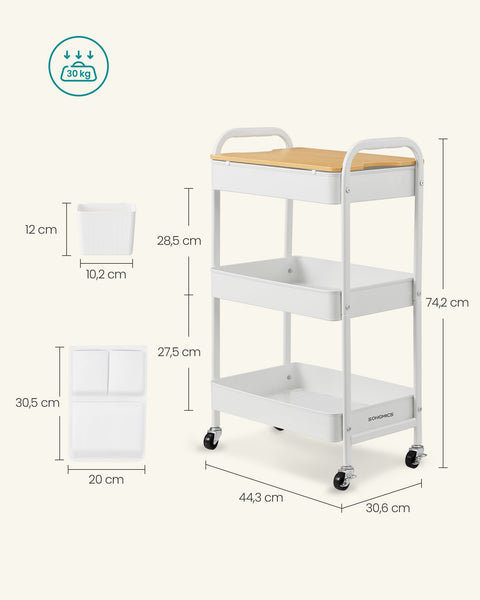 Rootz Cloud White Steel Trolley - Rolling Cart - Utility Cart - 10kg per Shelf - 30.6cm x 44.3cm x 74.2cm