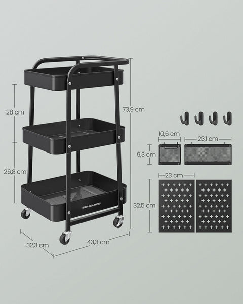 Rootz Steel Kitchen Trolley - Rolling Cart - Organizer Rack - 10kg Shelf Capacity - 32.3cm x 49.4cm x 73.9cm - Ink Black