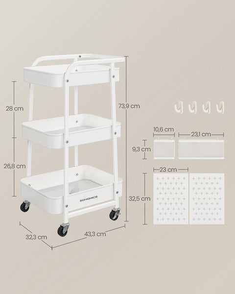 Rootz Steel Rolling Trolley - Utility Cart - Storage Organizer - Heavy Duty - 32.3cm x 49.4cm x 73.9cm