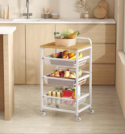 Rootz Multi-Tier Serving Trolley - Elegant Cart - Mobile Kitchen Unit - Ample Storage - 31.7 x 40 x 76 cm - Gold- White