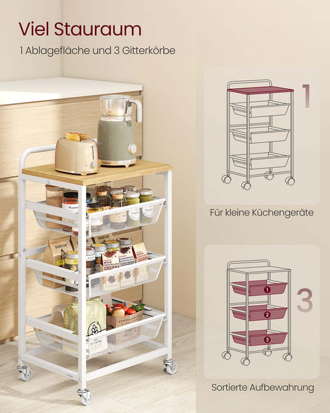 Rootz Multi-Tier Serving Trolley - Elegant Cart - Mobile Kitchen Unit - Ample Storage - 31.7 x 40 x 76 cm - Gold- White