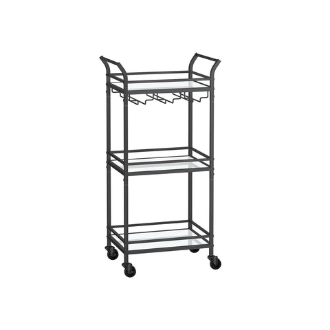 Rootz Black Steel Mirrored Glass Trolley - Cart - Rolling Cart - Heavy Duty - Versatile - Easy Assembly - 30cm x 46.8cm x 92cm