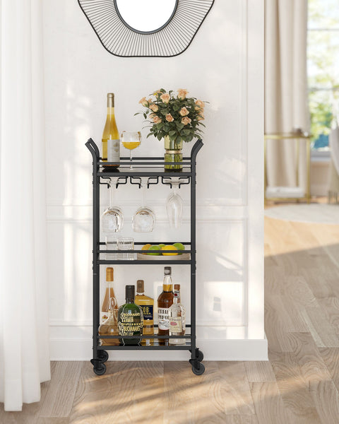 Rootz Black Steel Mirrored Glass Trolley - Cart - Rolling Cart - Heavy Duty - Versatile - Easy Assembly - 30cm x 46.8cm x 92cm