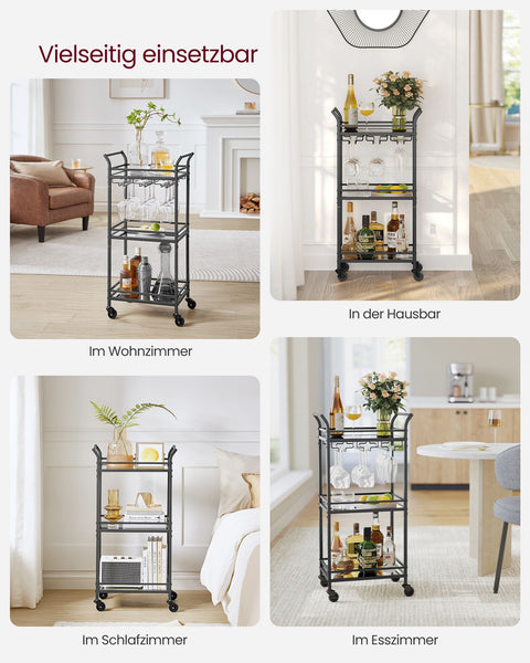 Rootz Black Steel Mirrored Glass Trolley - Cart - Rolling Cart - Heavy Duty - Versatile - Easy Assembly - 30cm x 46.8cm x 92cm
