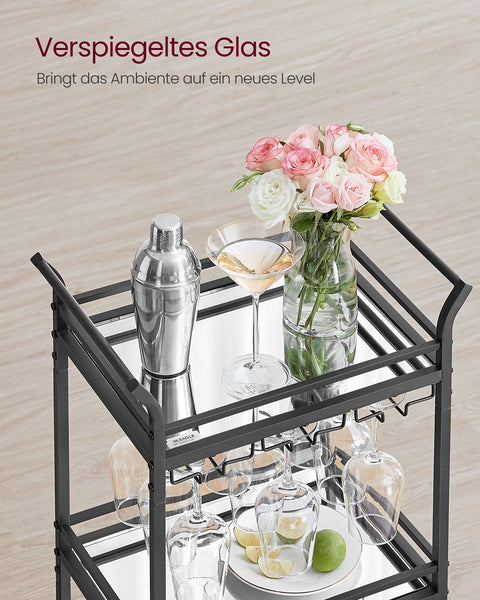 Rootz Black Steel Mirrored Glass Trolley - Cart - Rolling Cart - Heavy Duty - Versatile - Easy Assembly - 30cm x 46.8cm x 92cm