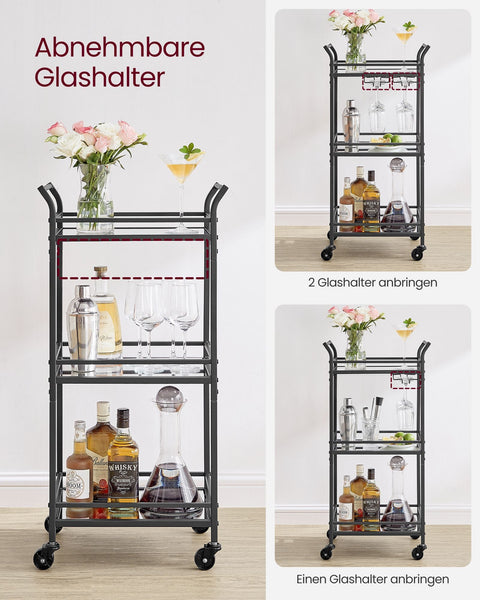 Rootz Black Steel Mirrored Glass Trolley - Cart - Rolling Cart - Heavy Duty - Versatile - Easy Assembly - 30cm x 46.8cm x 92cm
