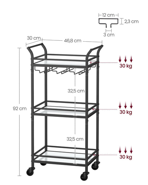 Rootz Black Steel Mirrored Glass Trolley - Cart - Rolling Cart - Heavy Duty - Versatile - Easy Assembly - 30cm x 46.8cm x 92cm
