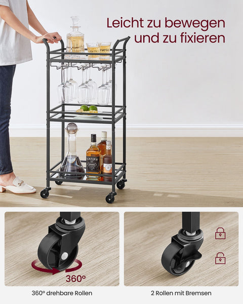 Rootz Black Steel Mirrored Glass Trolley - Cart - Rolling Cart - Heavy Duty - Versatile - Easy Assembly - 30cm x 46.8cm x 92cm