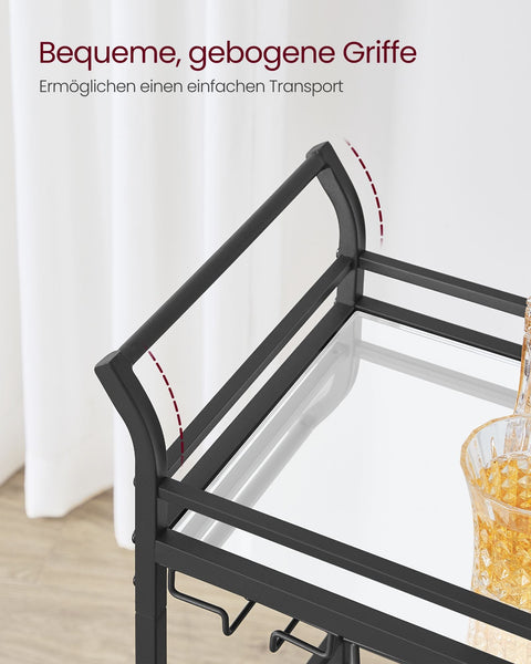 Rootz Black Steel Mirrored Glass Trolley - Cart - Rolling Cart - Heavy Duty - Versatile - Easy Assembly - 30cm x 46.8cm x 92cm