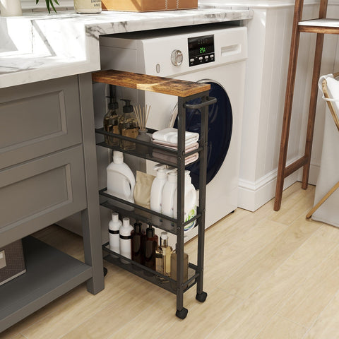 Rootz 4 Level Rolling Kitchen Cart - Narrow Niche Shelf - Trolley on Rollers - Compact Storage Solution - 13cm x 45.4cm x 77cm