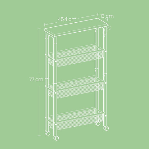 Rootz 4 Level Rolling Kitchen Cart - Narrow Niche Shelf - Trolley on Rollers - Compact Storage Solution - 13cm x 45.4cm x 77cm