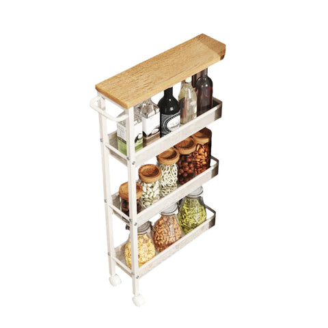 Rootz 4 Level Rolling Kitchen Cart - Niche Shelf on Rollers - Narrow Trolley - Brown/White - Space-Saving - 13cm x 45.4cm x 77cm