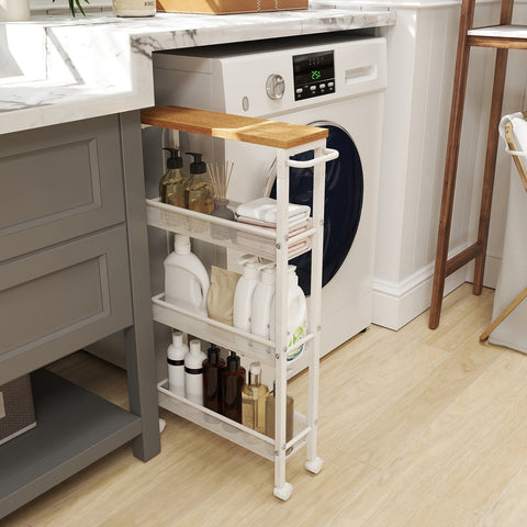 Rootz 4 Level Rolling Kitchen Cart - Niche Shelf on Rollers - Narrow Trolley - Brown/White - Space-Saving - 13cm x 45.4cm x 77cm
