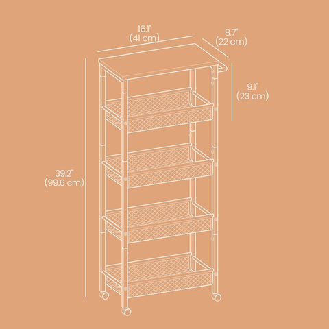 Rootz 5 Level Rolling Kitchen Cart - Niche Shelf - Narrow Trolley - Space-Saving Storage - 22cm x 45.4cm x 77cm