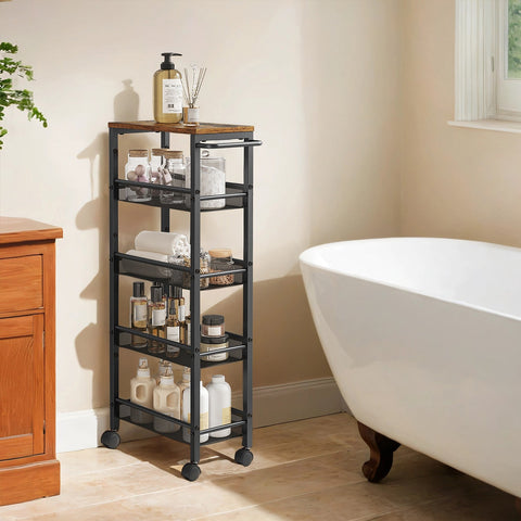 Rootz 5 Level Rolling Kitchen Cart - Niche Shelf - Narrow Trolley - Space-Saving Storage - 22cm x 45.4cm x 77cm