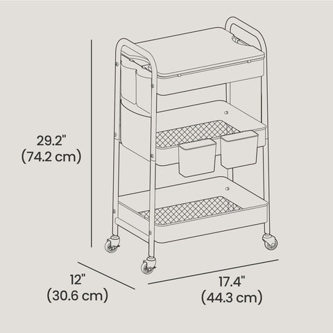 Rootz Steel Trolley - Storage Cart - Utility Organizer - Durable with 30kg Capacity - 30.6cm x 44.3cm x 74.2cm