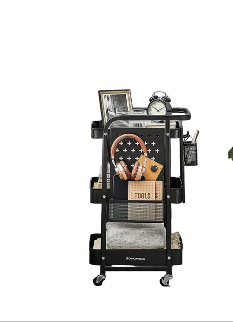 Rootz Steel Utility Trolley - Rolling Cart - Storage Organizer - Holds Up to 30kg - Black - 32.3 x 49.4 x 73.9 cm