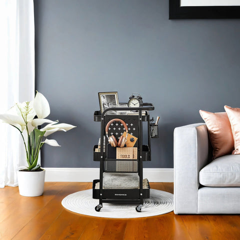 Rootz Steel Utility Trolley - Rolling Cart - Storage Organizer - Holds Up to 30kg - Black - 32.3 x 49.4 x 73.9 cm