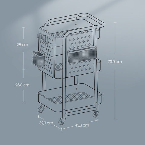 Rootz Steel Utility Trolley - Rolling Cart - Storage Organizer - Holds Up to 30kg - Black - 32.3 x 49.4 x 73.9 cm