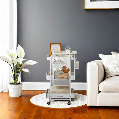 Rootz Steel Trolley - Storage Cart - Utility Rolling Cart - Sturdy 30kg Capacity - 32.3 x 49.4 x 73.9 cm