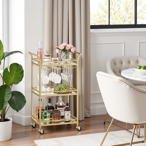 Rootz Elegant Gold Bar Trolley - Serving Cart - Mirrored Glass Shelves - Stylish Storage Solution - 30cm x 46.8cm x 92cm
