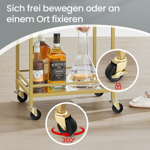 Rootz Elegant Gold Bar Trolley - Serving Cart - Mirrored Glass Shelves - Stylish Storage Solution - 30cm x 46.8cm x 92cm