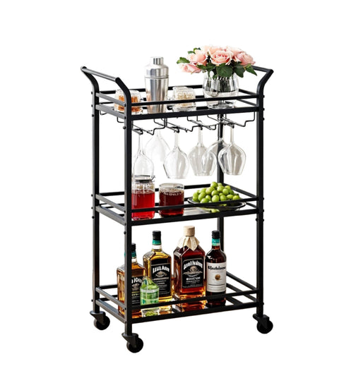 Rootz Black Mirrored Glass Trolley - Elegant Rolling Cart - Stylish Portable Bar - 30cm x 46.8cm x 92cm