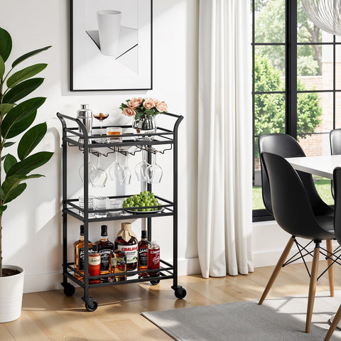 Rootz Black Mirrored Glass Trolley - Elegant Rolling Cart - Stylish Portable Bar - 30cm x 46.8cm x 92cm