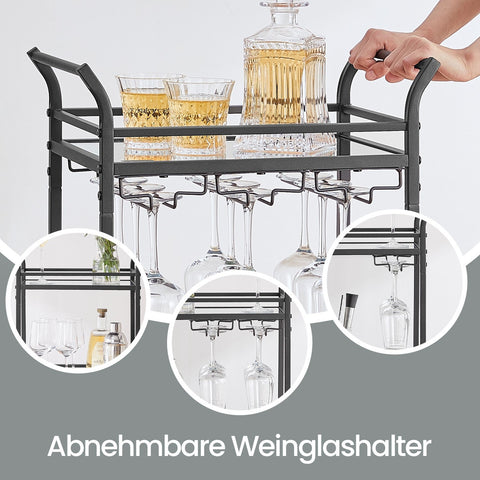 Rootz Black Mirrored Glass Trolley - Elegant Rolling Cart - Stylish Portable Bar - 30cm x 46.8cm x 92cm