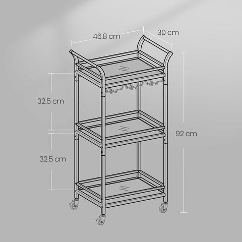 Rootz Black Mirrored Glass Trolley - Elegant Rolling Cart - Stylish Portable Bar - 30cm x 46.8cm x 92cm