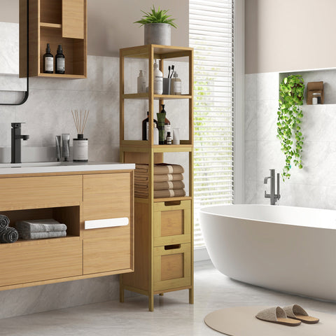 Rootz Bathroom Column Storage - Cozy Style - Organizer - 3 Shelves & 2 Drawers - Bamboo Elegance - 30b x 30t x 144h cm