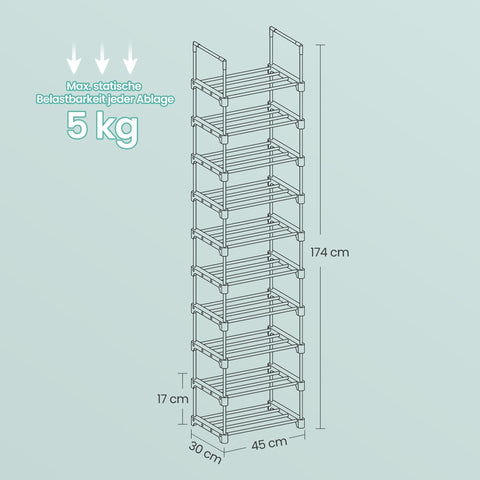 Rootz 10 Level Shoe Shelf - Open Shoe Cabinet - Narrow Shoe Stand - Space Saver - 45cm x 30cm x 174cm