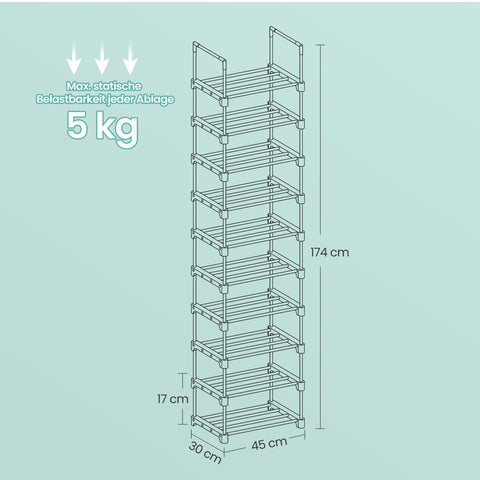 Rootz 10 Level Shoe Shelf - Open Shoe Cabinet - Narrow Shoe Stand - Space Saving - 45cm x 30cm x 174cm