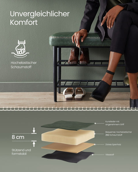 Rootz Ekho Collection Shoe Bench - Storage Bench - Entryway Organizer - Forest Green - 30D x 80W x 50H cm - 6.3kg