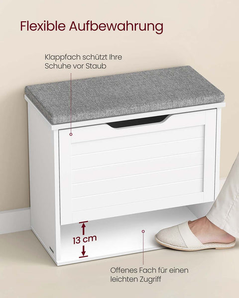 Rootz Shoe Bench with Seat Cushion - Entryway Storage - Compact Shoe Rack - Adjustable Divider - White-Grey - 30cm x 60cm x 53.5cm