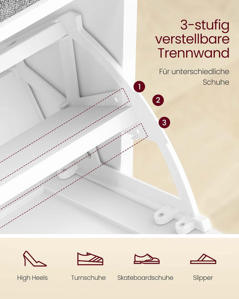 Rootz Shoe Bench with Seat Cushion - Entryway Storage - Compact Shoe Rack - Adjustable Divider - White-Grey - 30cm x 60cm x 53.5cm