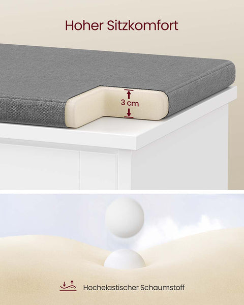 Rootz Shoe Bench with Seat Cushion - Entryway Storage - Compact Shoe Rack - Adjustable Divider - White-Grey - 30cm x 60cm x 53.5cm