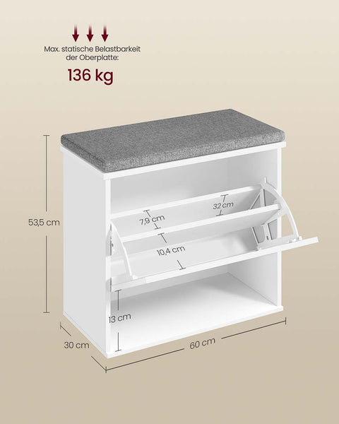 Rootz Shoe Bench with Seat Cushion - Entryway Storage - Compact Shoe Rack - Adjustable Divider - White-Grey - 30cm x 60cm x 53.5cm