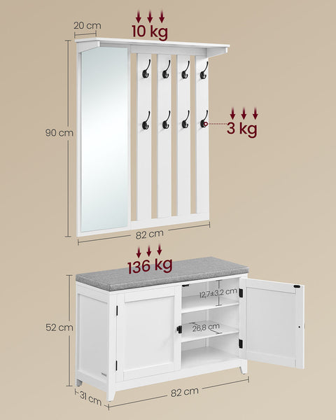 Rootz Shoe Bench Wall Wardrobe Set - Entryway Organizer - Coat Rack - Durable Wooden Chipboard - 82cm x 90cm x 20cm